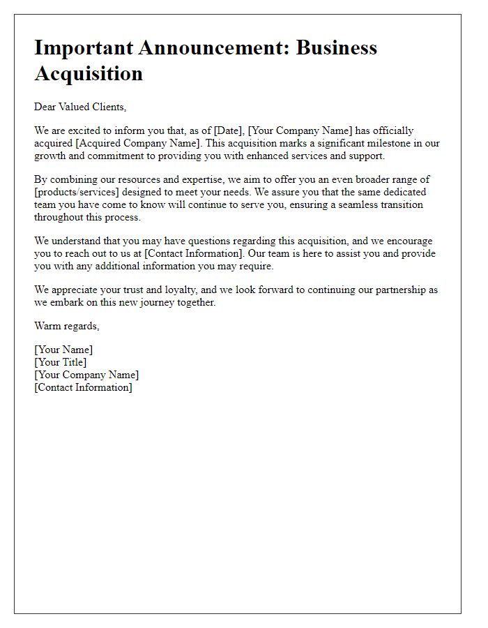 Letter template of business acquisition announcement for clients