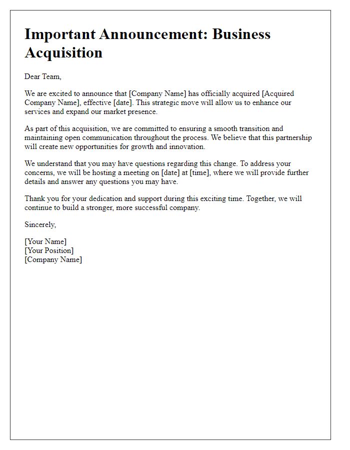 Letter template of business acquisition announcement for employees