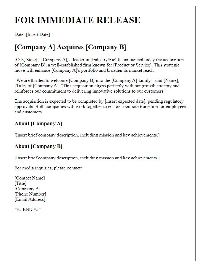 Letter template of business acquisition announcement for media