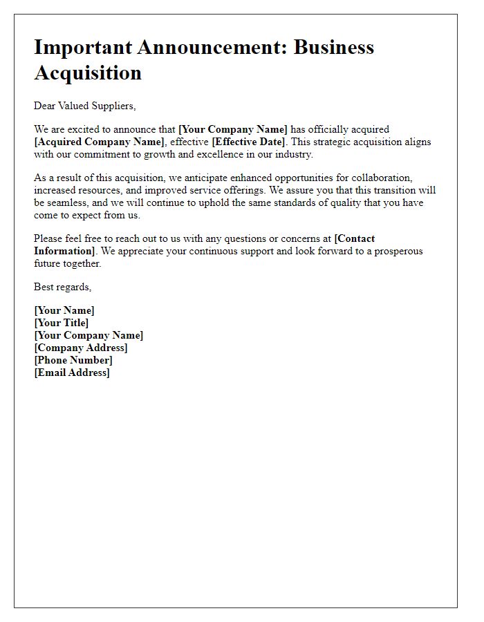 Letter template of business acquisition announcement for suppliers