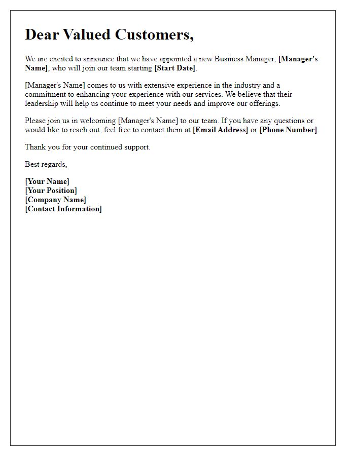 Letter template of informing customers about the new business manager.