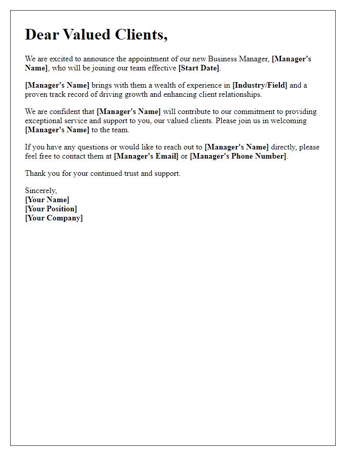 Letter template of unveiling our new business manager to clients.