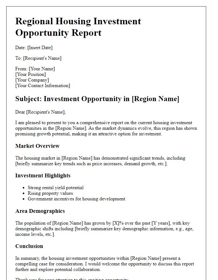 Letter template of regional housing investment opportunity report