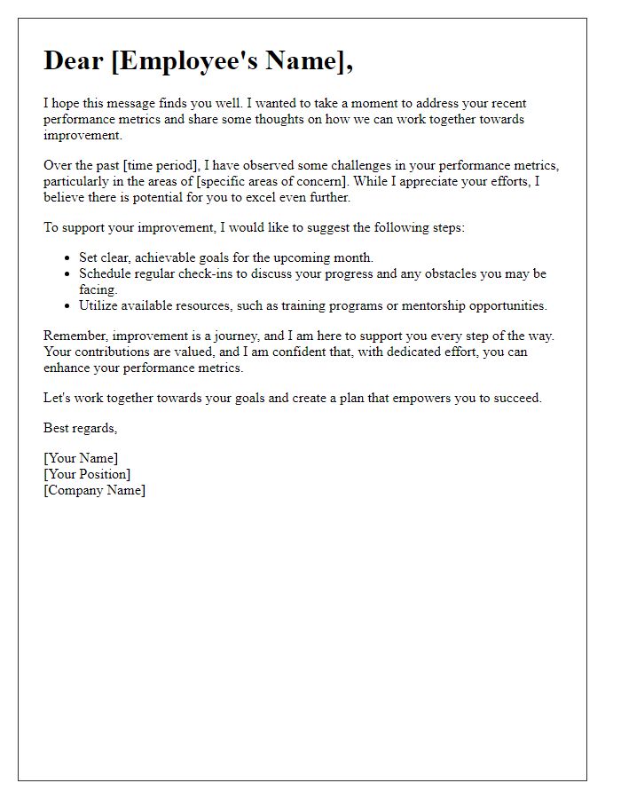 Letter template of encouraging improvement in employee performance metrics.