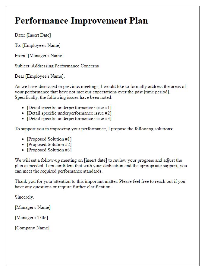 Letter template of formally addressing underperformance with solutions.