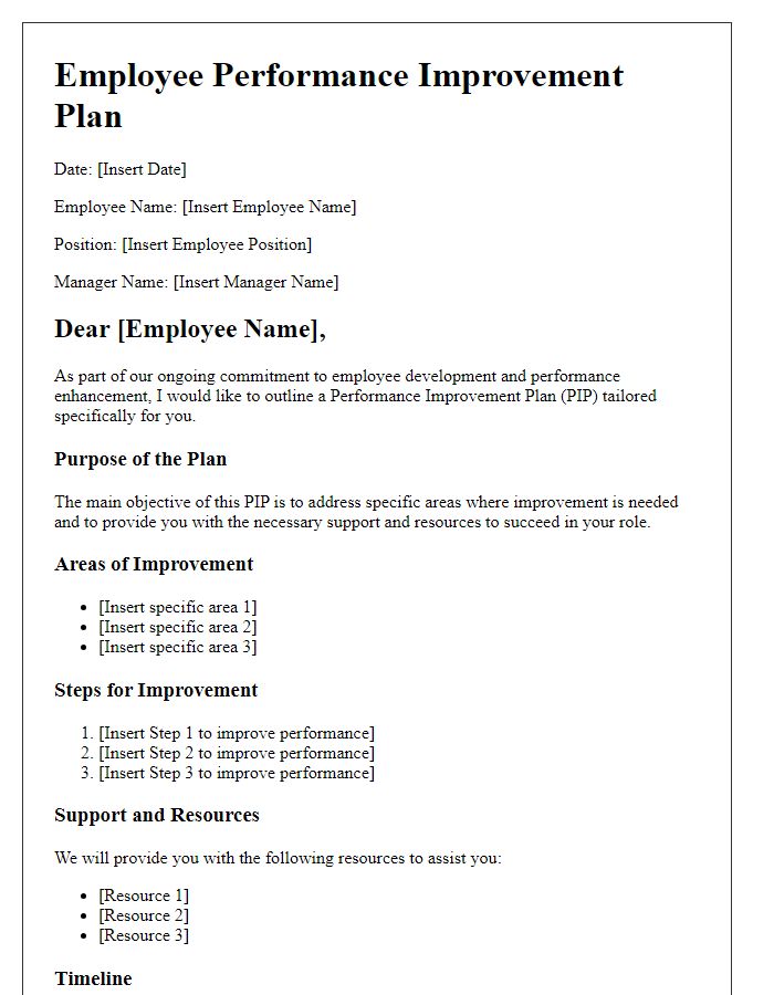 Letter template of outlining improvement plans for employee performance.