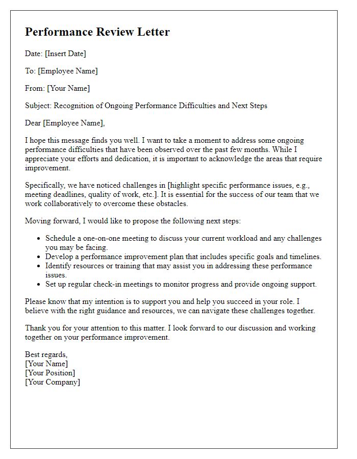 Letter template of recognizing ongoing performance difficulties and next steps.