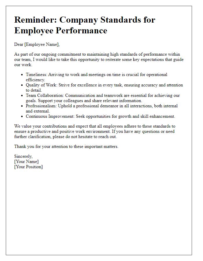 Letter template of reiterating company standards for employee performance.