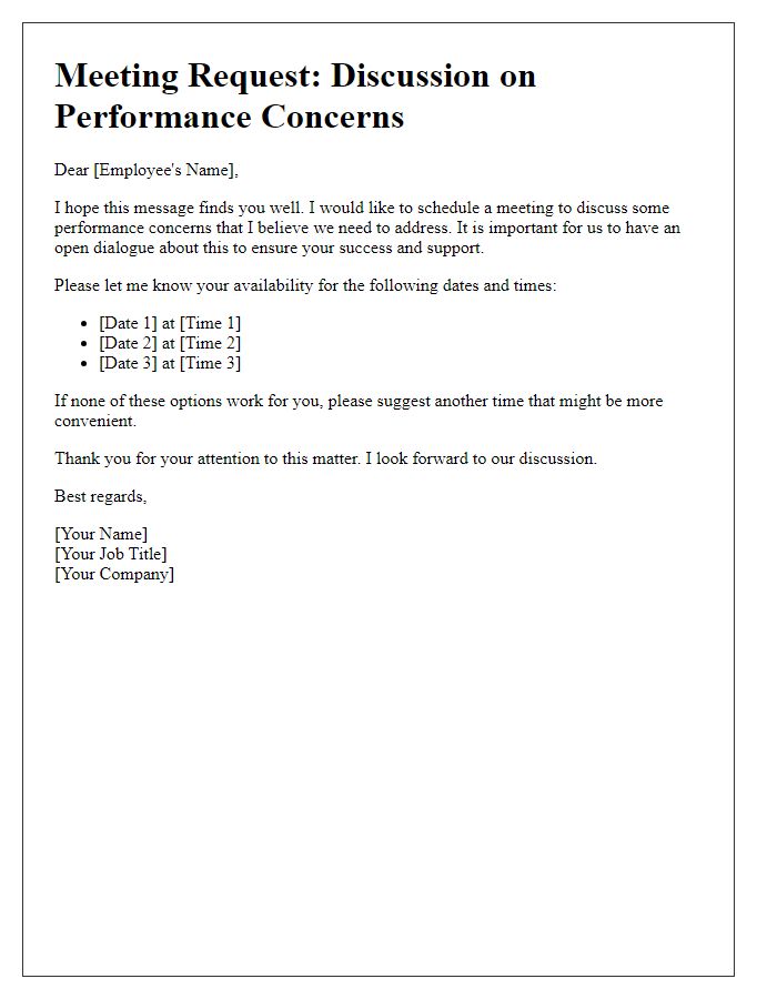 Letter template of scheduling a meeting to discuss performance concerns.