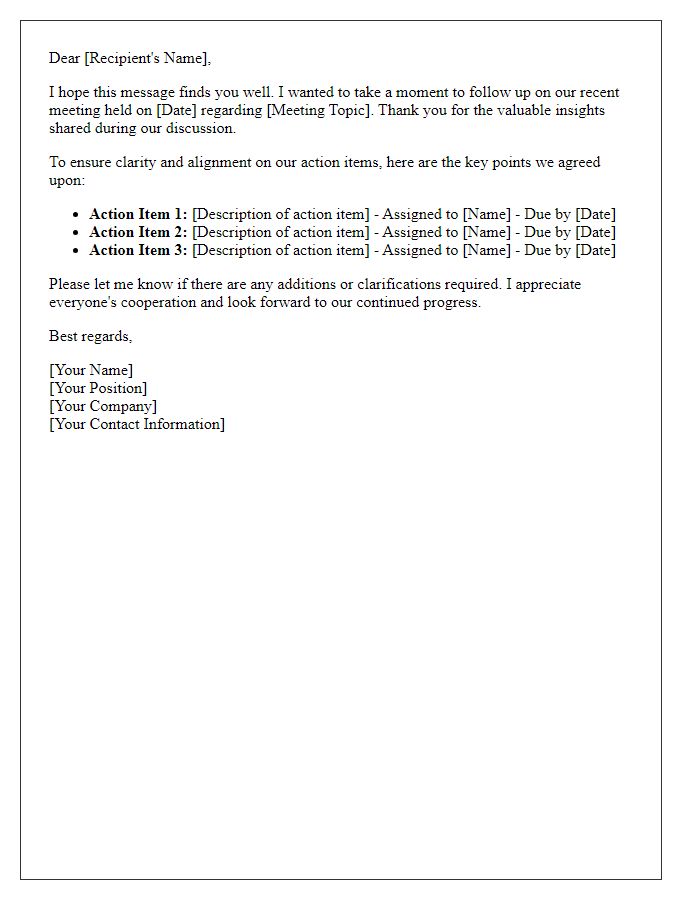 Letter template of follow-up to clarify action items from meeting.