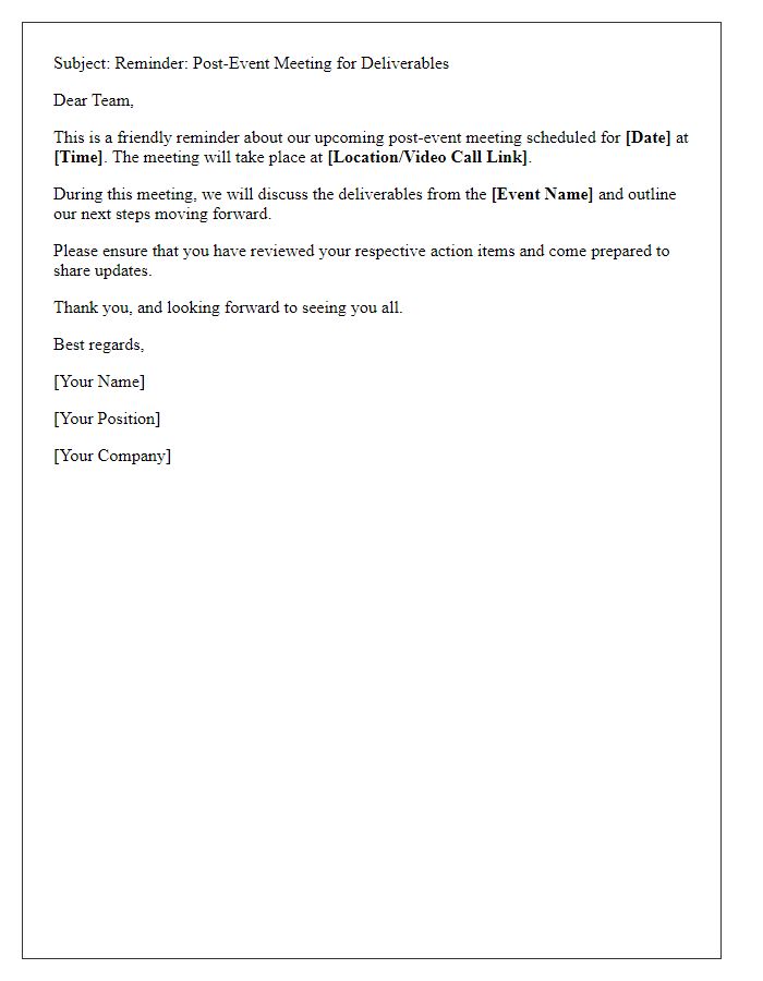 Letter template of post-event meeting reminder for deliverables.