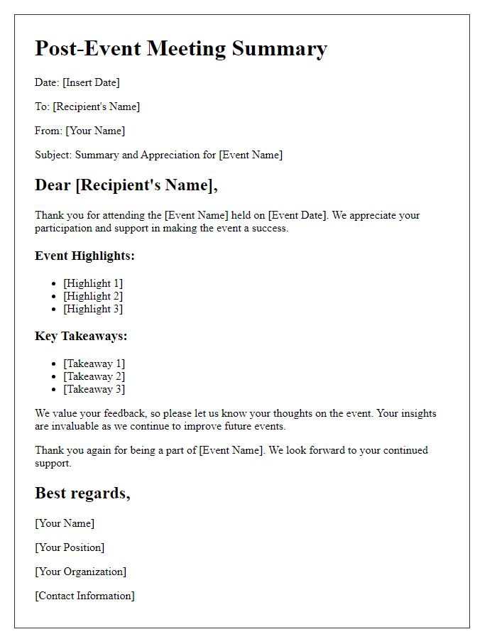 Letter template of post-event meeting summary and appreciation.