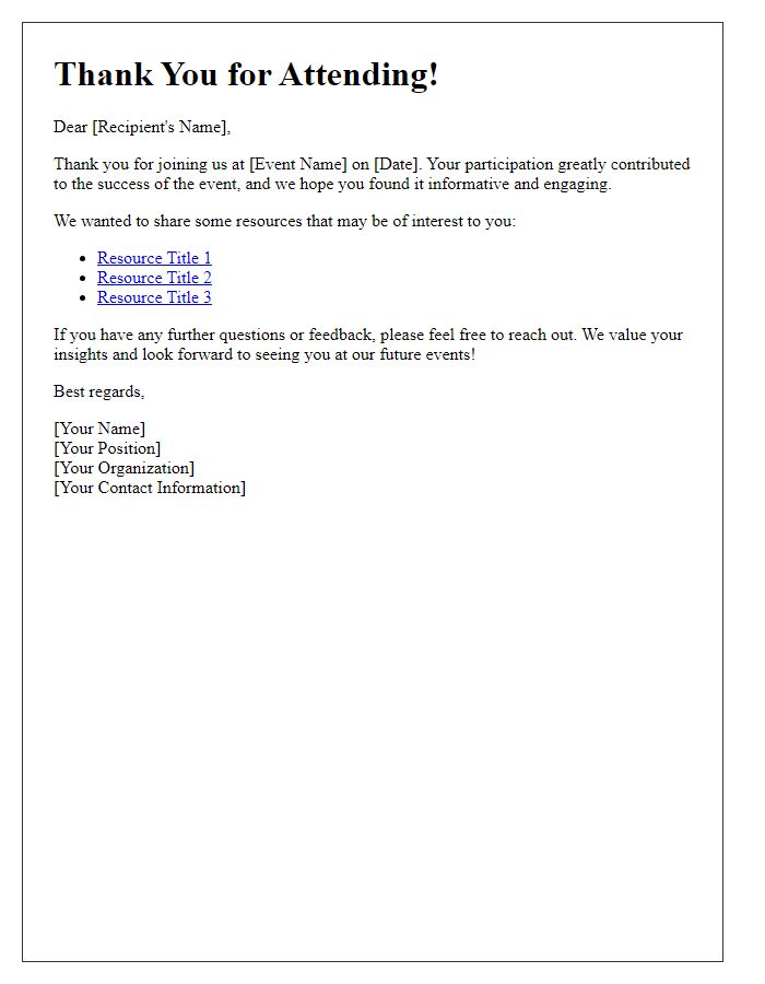 Letter template of post-event meeting thank you and resource sharing.