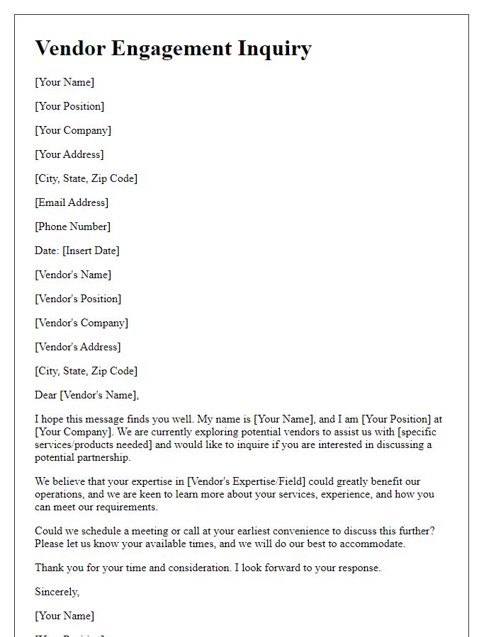 Letter template of inquiry for potential vendor engagement