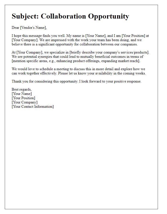 Letter template of outreach for initiating vendor collaboration