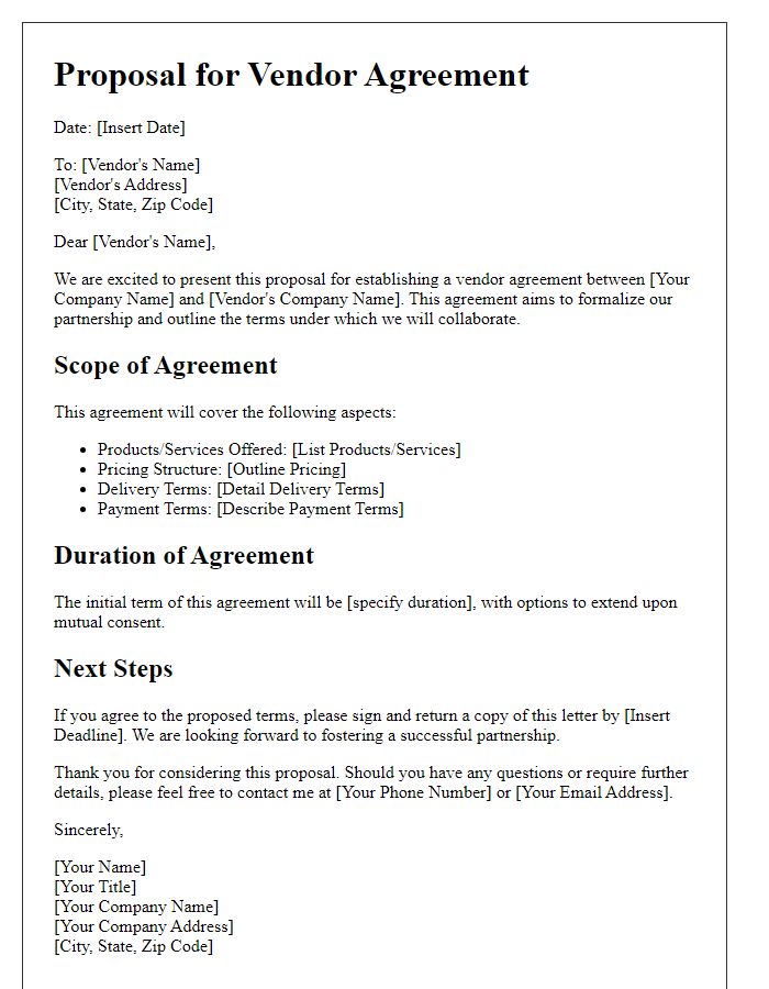 Letter template of proposal for setting up a vendor agreement