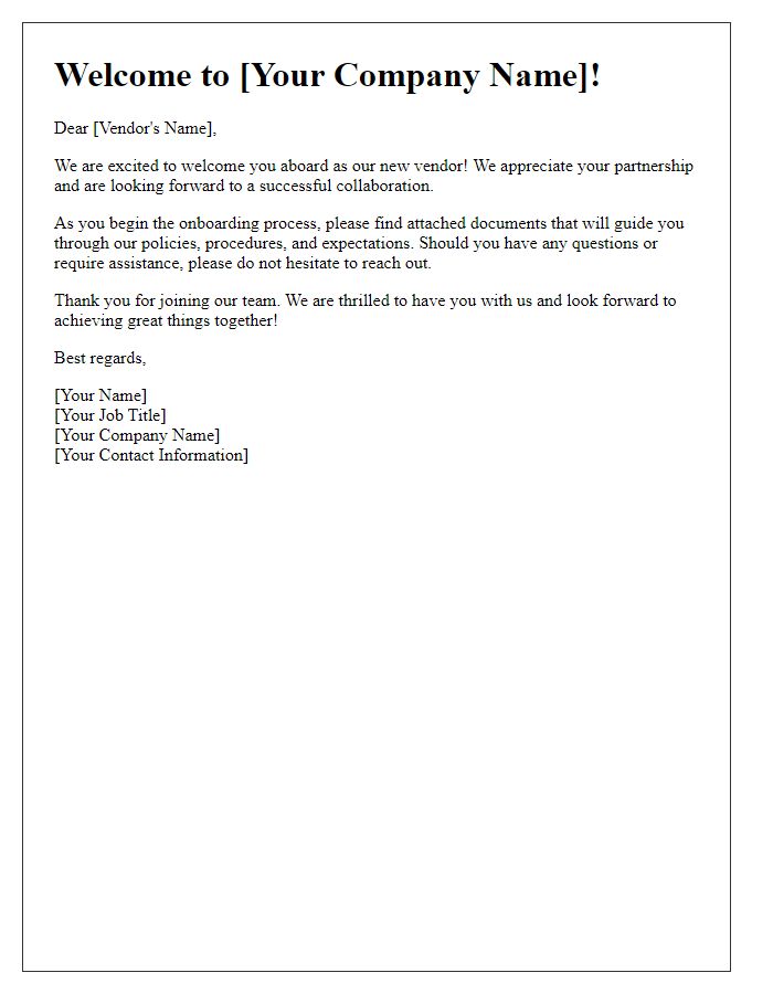 Letter template of welcome for new vendor onboarding