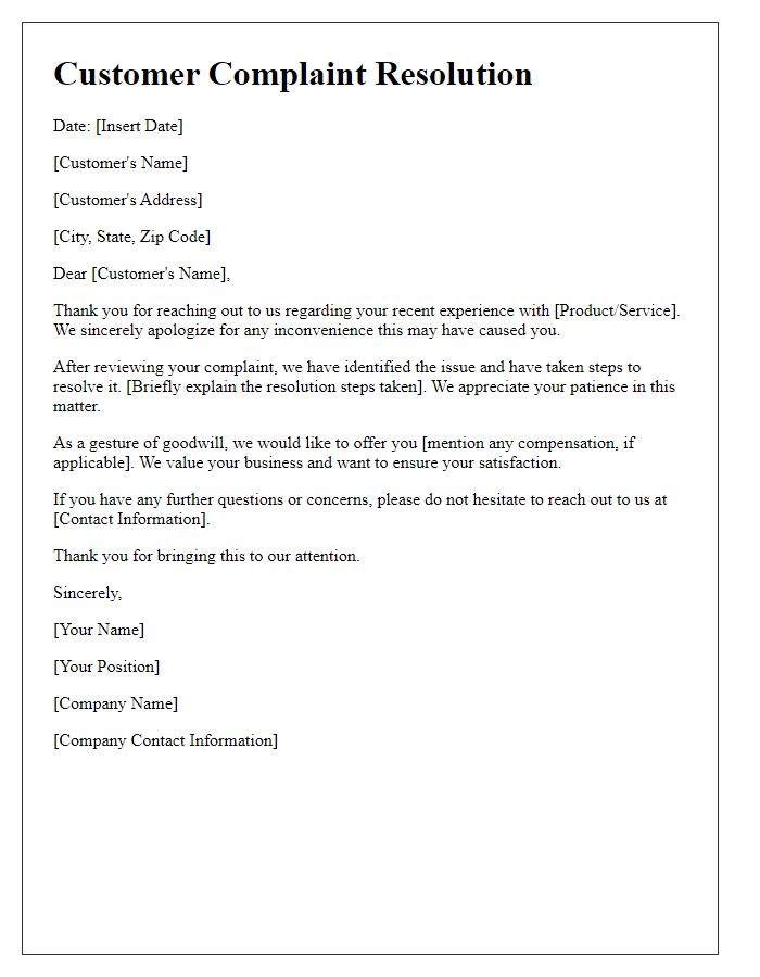 Letter template of customer complaint resolution