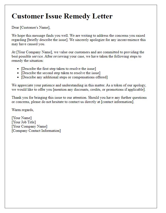 Letter template of remedying customer issues