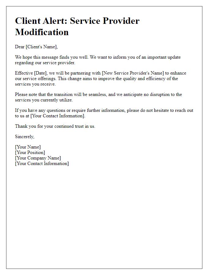 Letter template of client alert for service provider modification