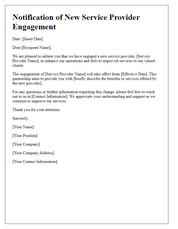 Letter template of information on new service provider engagement