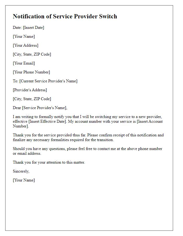 Letter template of notification for switching service providers