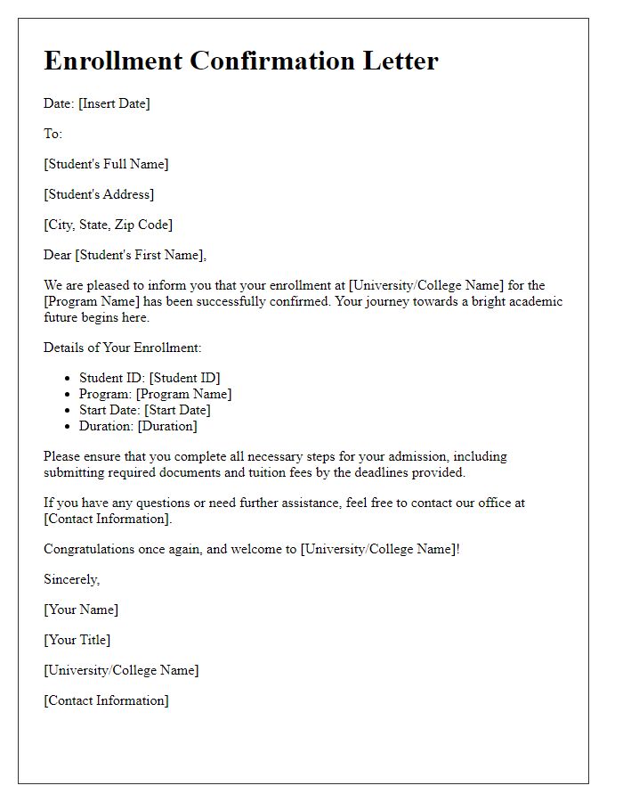 Letter template of enrollment confirmation for international students