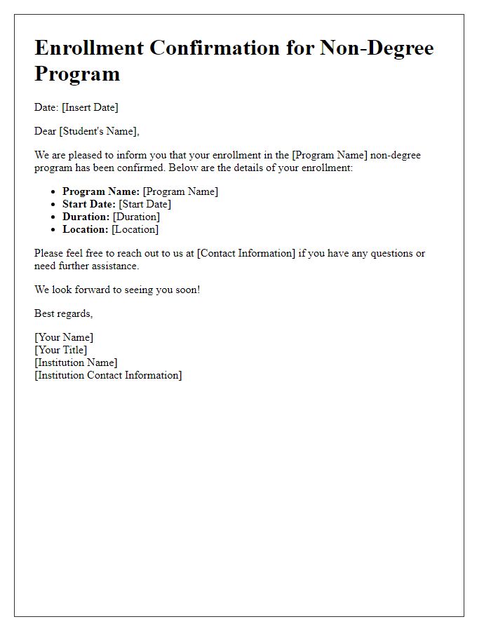 Letter template of enrollment confirmation for non-degree programs