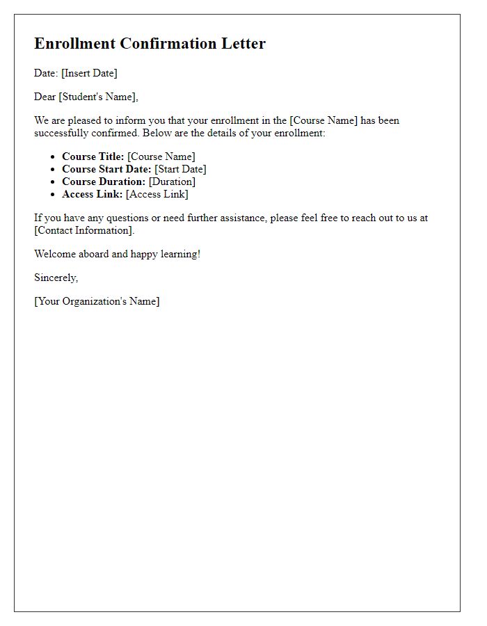 Letter template of enrollment confirmation for online courses