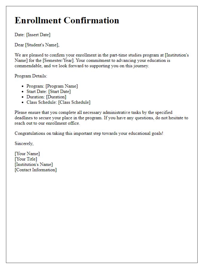 Letter template of enrollment confirmation for part-time studies