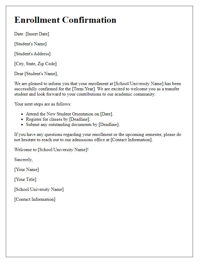 Letter template of enrollment confirmation for transfer students