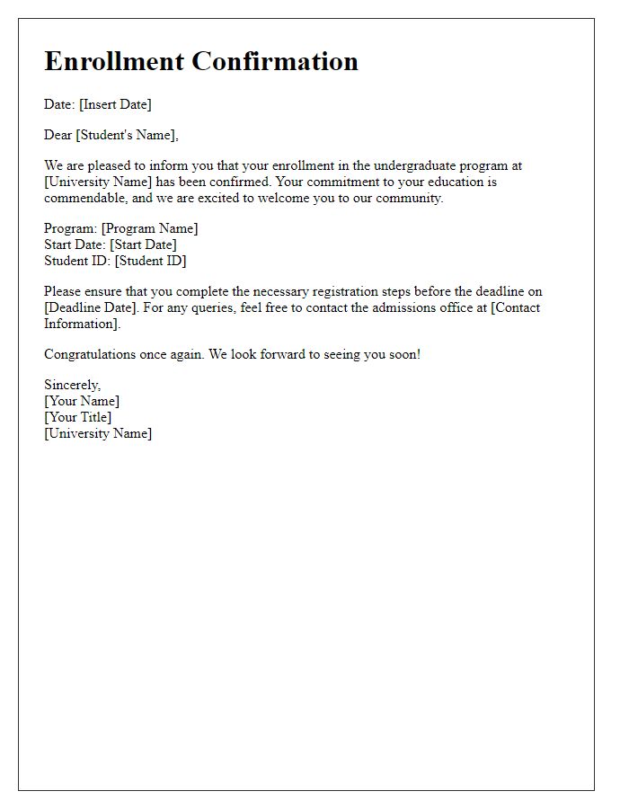 Letter template of enrollment confirmation for undergraduate program