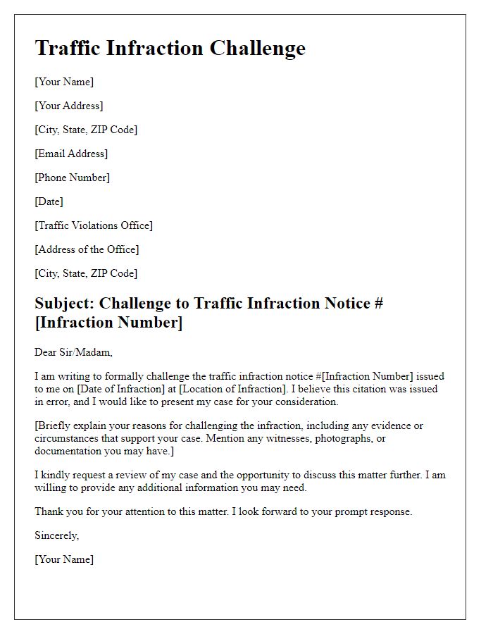 Letter template of challenge regarding traffic infraction