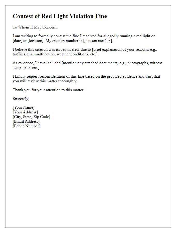 Letter template of contesting fine for running a red light