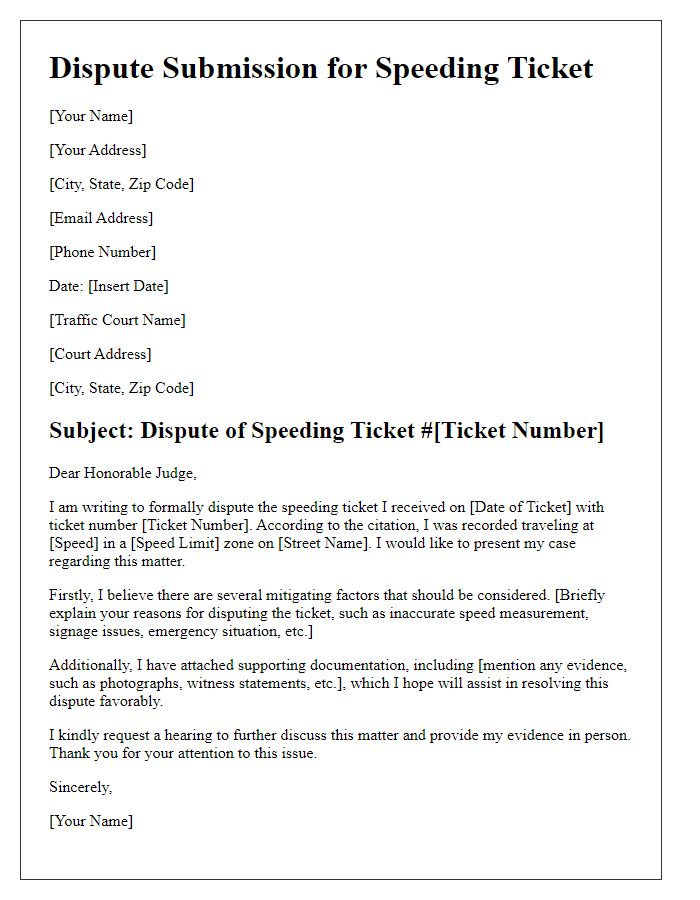 Letter template of dispute submission for speeding ticket