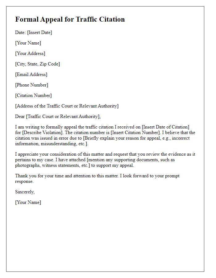 Letter template of formal appeal for traffic citation