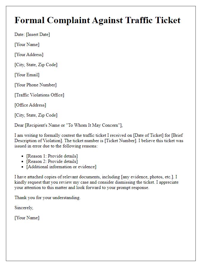 Letter template of formal complaint against traffic ticket