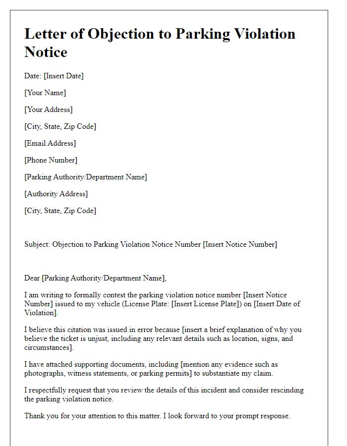 Letter template of objection for parking violation notice