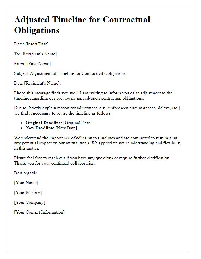 Letter template of communication about adjusted timeline for contractual obligations.