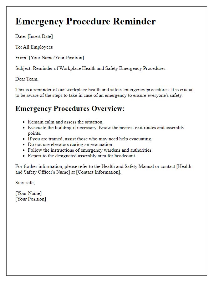 Letter template of workplace health and safety emergency procedure reminder