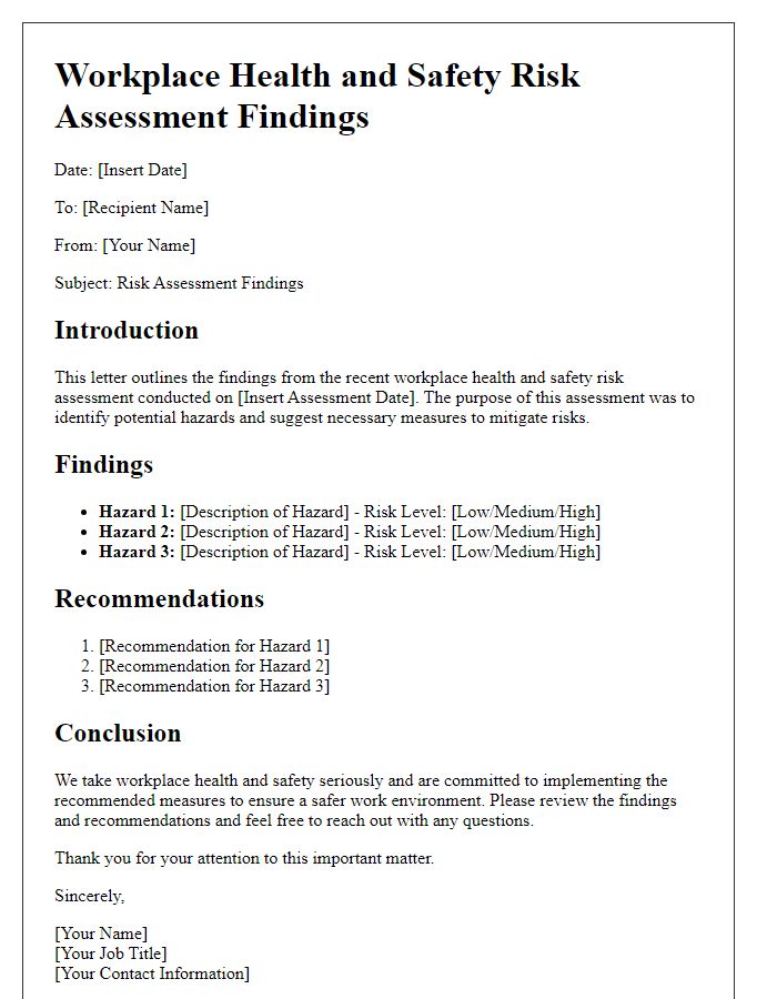 Letter template of workplace health and safety risk assessment findings