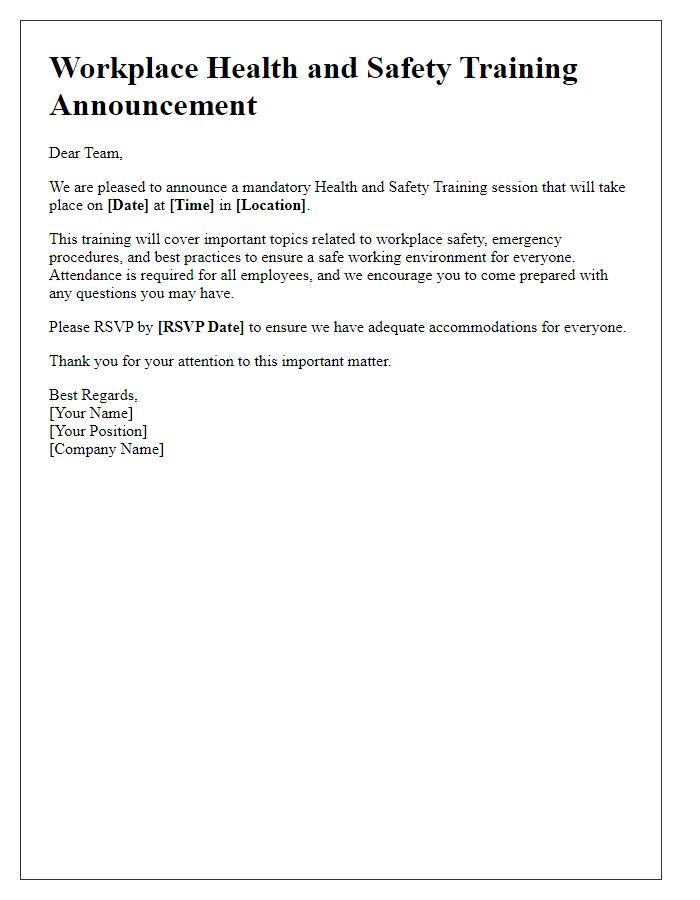 Letter template of workplace health and safety training announcement