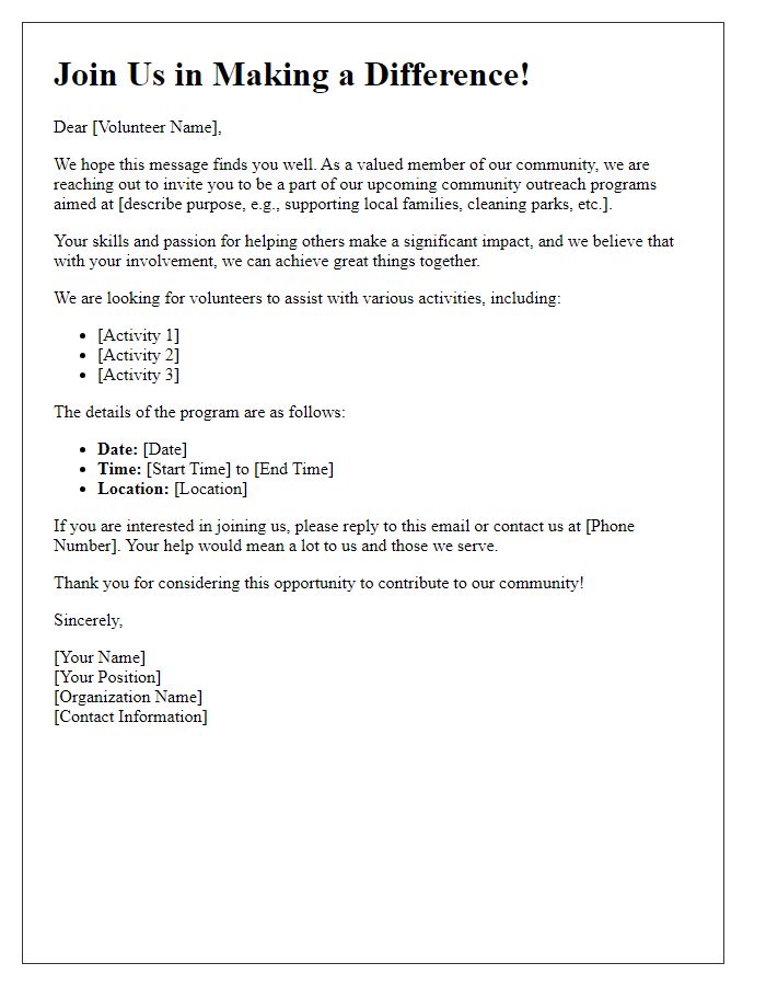 Letter template of appeal for volunteers in community outreach programs.