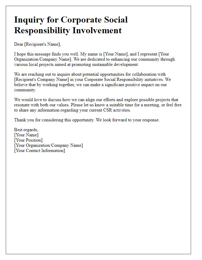 Letter template of inquiry for corporate social responsibility involvement in local projects.