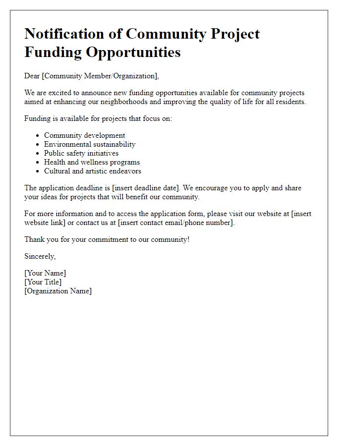 Letter template of notification for community project funding opportunities.