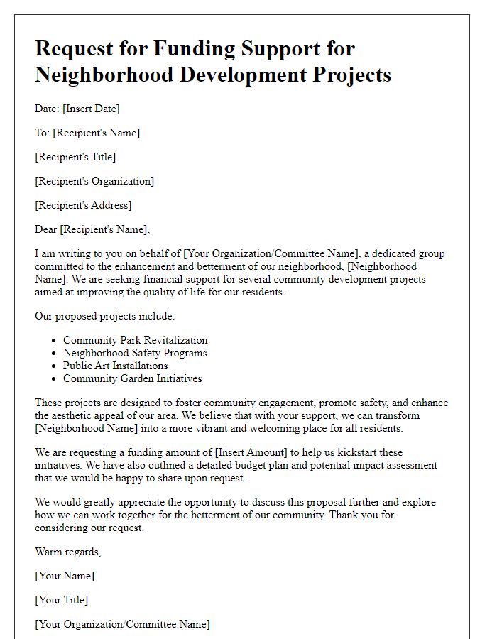 Letter template of seeking funding for neighborhood development projects.