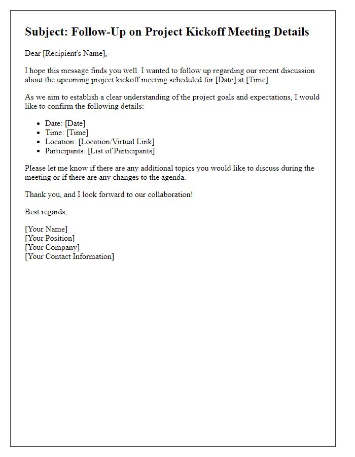 Letter template of follow-up for project kickoff meeting details