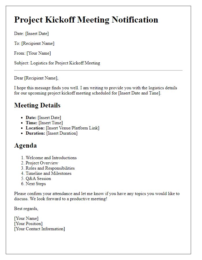 Letter template of logistics for project kickoff meeting