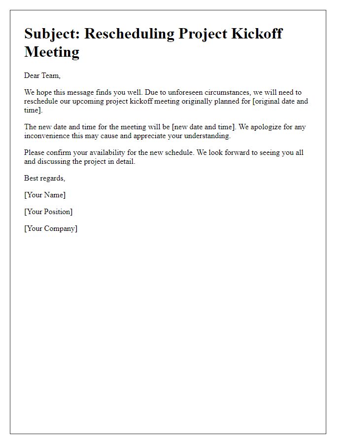 Letter template of rescheduling project kickoff meeting