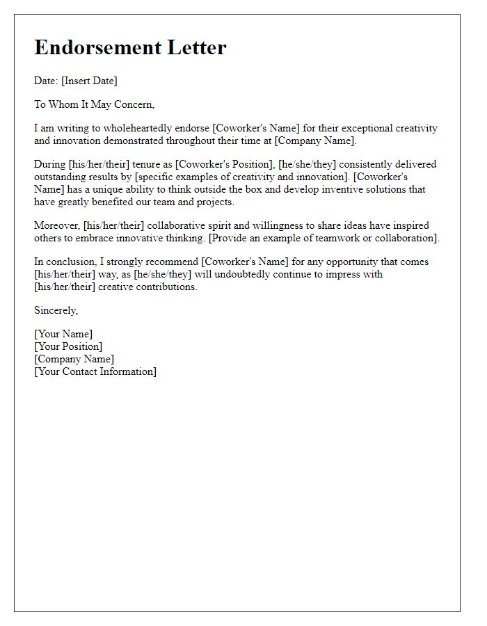 Letter template of endorsement for a coworker's creativity and innovation